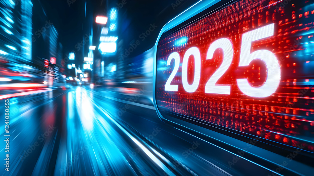Poster a futuristic view of a digital display showing the year 2025 with vibrant blue and red lights in a d