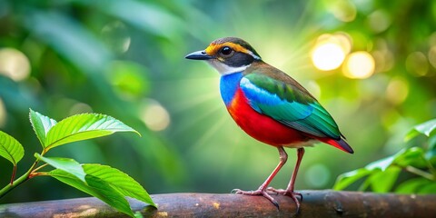 Fototapeta premium Fairy Pitta Bird in Lush Thai Park with Bokeh Background