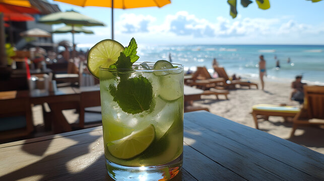 A refreshing Mojito cocktail with lime wedges, mint leaves, and soda, served on a beachside table with colorful tropical umbrellas and clear water in the background. - Powered by Adobe