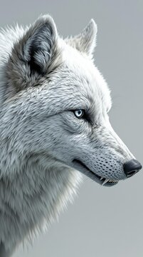 Beautiful close-up of white wolf with sharp teeth, canine teeth, sharp fangs, carnassial