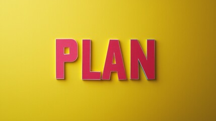 The word PLAN in bold red letters on a yellow background, representing business planning and strategy.