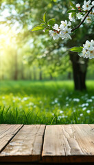 product display background podium, serene spring green meadow with wooden table for product display blurred nature background, spring vibes, green meadow with flowers, ad, podium platform