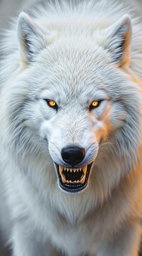 Beautiful close-up of white wolf with sharp teeth, carnassial, eyes, canine, carnivorous