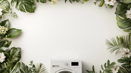 White washing machine with tropical green leaves and white flowers on a light background. Flat lay composition with copy space. Laundry and home cleaning concept.
