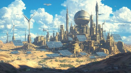 Futuristic Eco-City in Desert: Sustainable Architecture and Renewable Energy