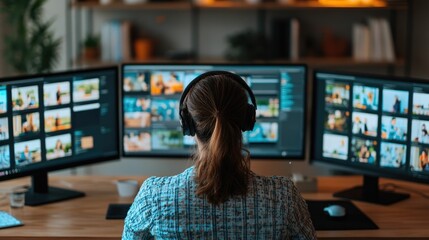 A team of creative professionals seamlessly collaborating on multiple computer monitors immersed in a tech driven workspace that fosters innovation productivity and efficient workflow