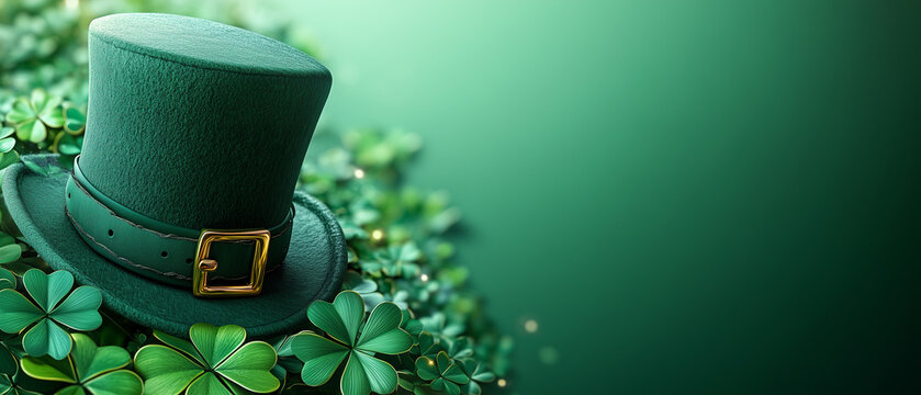 Green background with shamrocks and leprechaun hat for Saint Patrick's Day