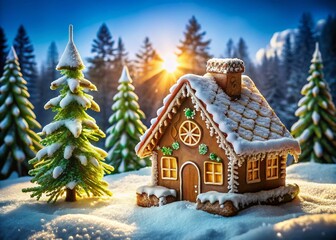 Fototapeta premium Festive Gingerbread House Amongst Snowy Trees - Winter Wonderland Scene