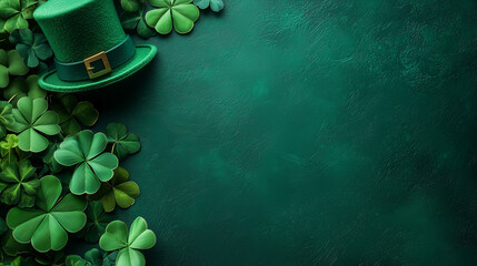 Green background with shamrocks and leprechaun hat for Saint Patrick's Day