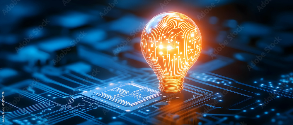 Poster a glowing light bulb with intricate circuit patterns, symbolizing innovation and smart technology.