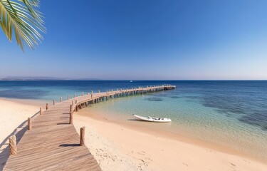 Fototapeta premium Tranquil Tropical Beach with Wooden Pier and Calm Blue Water