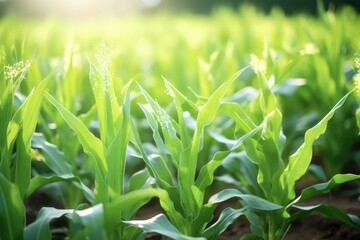 Fototapeta premium Green Maize Crop: Selective Focus on Cultivated Crops Leaves in the Field. Agriculture and Plant Concept