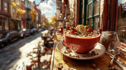 Fototapeta premium Breakfast Bowl With Fruit on a Sunny Street in a Cozy Cafe During the Autumn Season