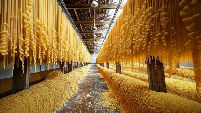 Traditional pasta drying process in italian factory warehouse with hanging noodles