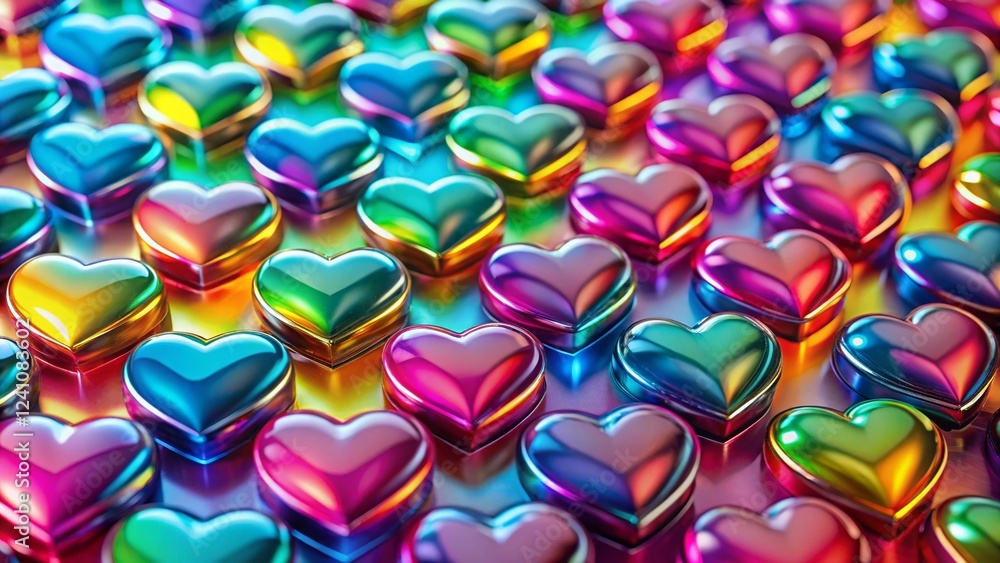 Poster flat glossy plastic hearts pattern - colorful 3d objects, abstract background
