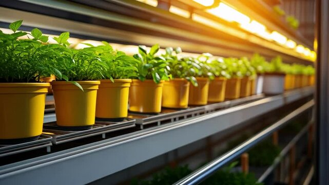 Indoor hydroponic garden illuminated by warm led lights