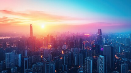 Fototapeta premium A cityscape at sunset with a mix of tall buildings and smaller structures.