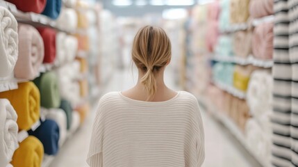A woman is carefully examining a soft cozy throw blanket while browsing the selection of home goods in a bright and inviting retail store  She is considering the comfort and of the textile
