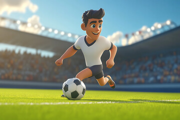 Obraz premium A cheerful animated character running with a soccer ball on a vibrant field.