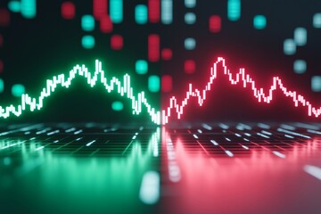 A digital representation of fluctuating market trends, shown as green and red line graphs on a dark background.