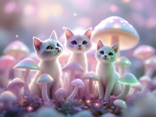 Fototapeta premium Whimsical Wonderland: Kittens and Glowing Mushrooms in an Enchanted Realm