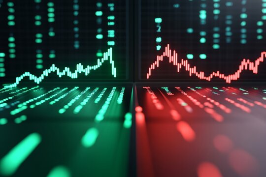 A close-up view of digital stock market graphs displaying green and red lines, indicating fluctuations in market trends.