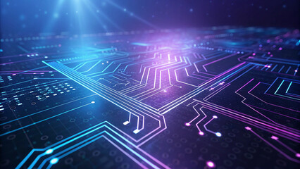 A visually stunning design of a circuit board with vibrant colors and neon lights