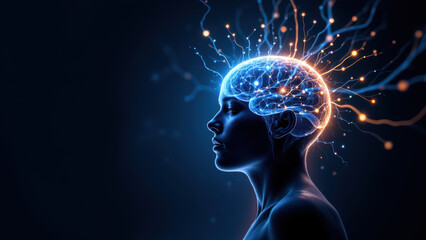 Obraz premium A person's head with a brightly lit brain, representing VNS or vagus nerve stimulation.
