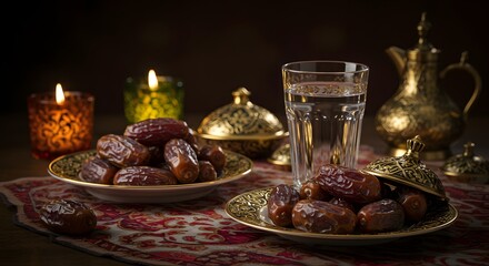 Dates Water Candles Ramadan Festive Still Life