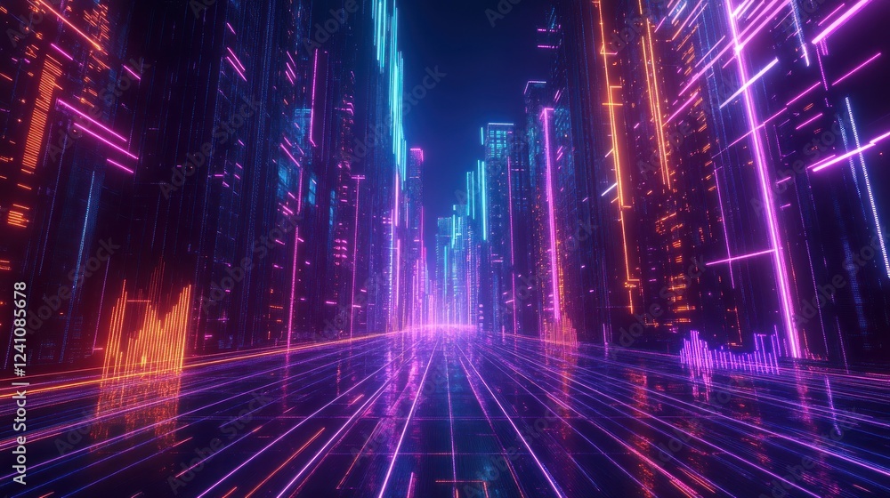 Poster futuristic cityscape with glowing neon lines and digital network grid pattern in vibrant colors