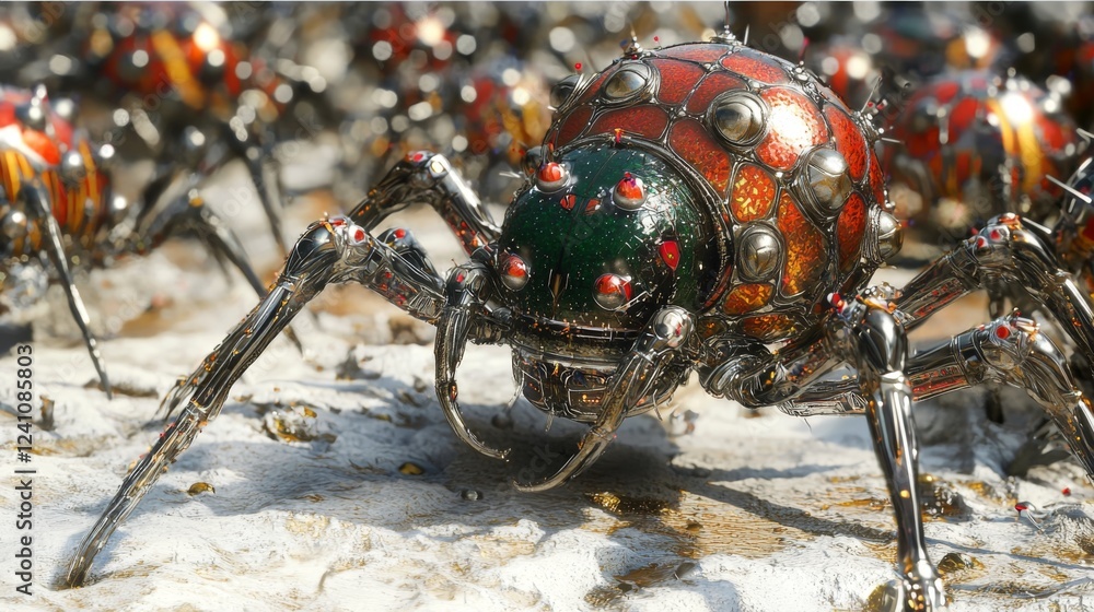 Poster intricate metallic spider design with colorful patterns and detailed features in a surreal environme