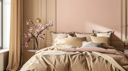Sleek Bedroom Interior featuring Beige Bedding and Deep Pink Wall Art, Contemporary Home Decor Concept.