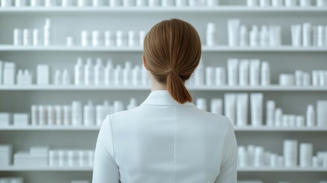 Pharmacist or Skincare Expert Carefully Inspecting and Evaluating a Sleekly Designed Cosmetic Product on the Shelves of a Modern High End Beauty Retail Store Emphasizing Wellness