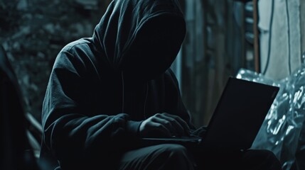 Mysterious Figure in Hoodie Working on Laptop in Dimly Lit Environment at Night