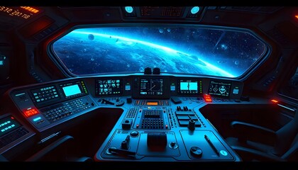 Spaceship Cockpit View of a Futuristic Planet