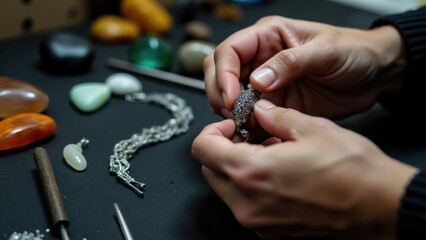 Fototapeta premium A jewelry maker meticulously crafting a delicate silver bracelet with fine tools, surrounded by gemstones