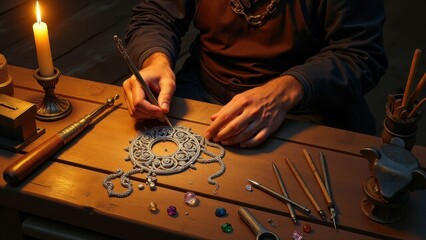 A jewelry maker meticulously crafting a delicate silver bracelet with fine tools, surrounded by gemstones