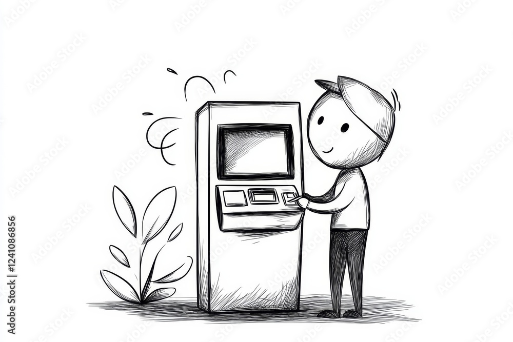 Poster a simple geometric outline of a person withdrawing cash from an atm, set against a plain white backg