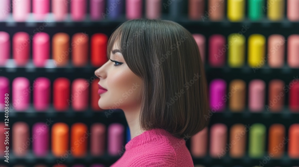 Poster close up view of a makeup enthusiast browsing through the vibrant lipstick displays in a busy colorf