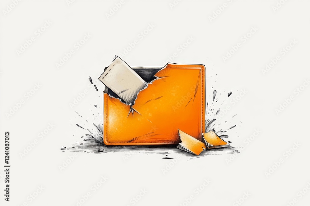 Poster A simple vector icon of a torn and empty wallet, drawn in neutral tones with sharp, minimalist contrast