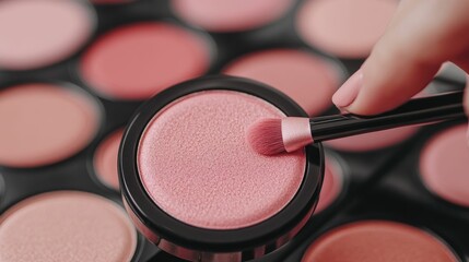 Makeup carefully applies a blush tester product from a palette on their wrist showcasing the precision and selection of cosmetics in a glamorous beauty store setting