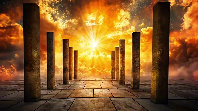 A glowing portal lined with beams of light unveils a star studded void full of mysteries, motion background