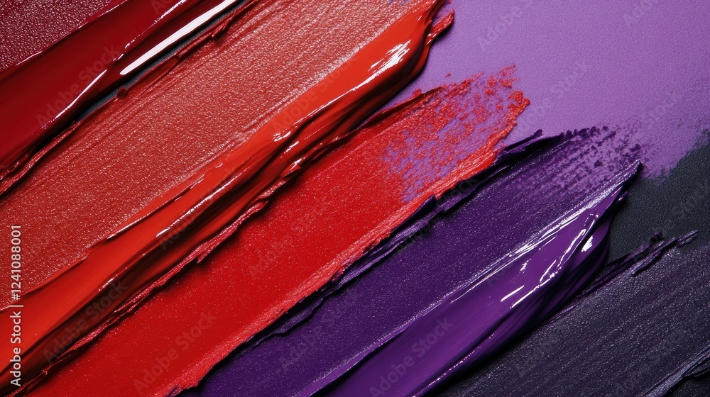 Poster lipstick swatches display a vivid transition from fiery reds to deep purples on a flat surface