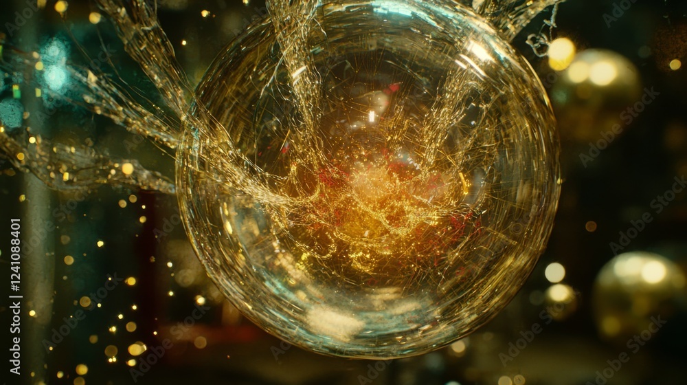 Poster intricate golden sphere bursting with light and energy in a colorful environment