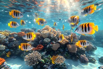 A vibrant underwater scene featuring colorful fish swimming among a diverse coral reef, showcasing striking patterns and the brilliance of marine life.