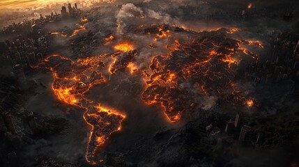 Catastrophic Landscape of a Fiery World Map Surrounded by Smoke and Ashes Representing Global Devastation