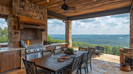 A stylish outdoor kitchen and dining area with a scenic view, featuring stone accents, a grill, and a large table under a covered patio