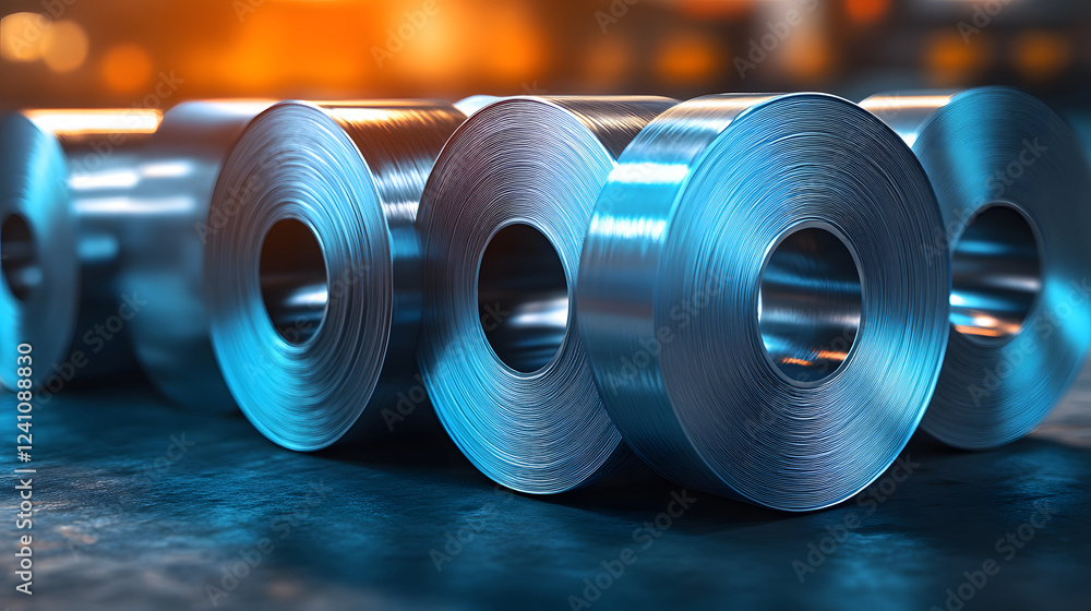 Poster a close-up of metallic rolls showcasing a shiny surface, arranged in a row, reflecting ambient light