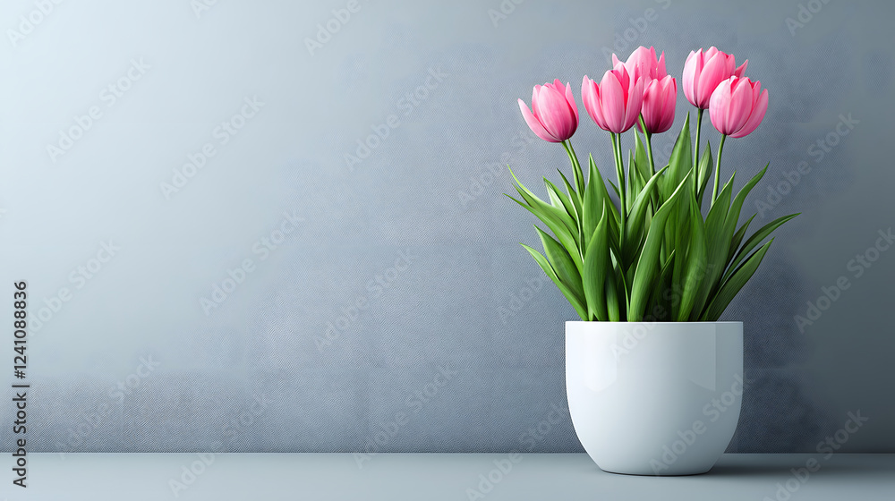 Poster a vase with pink tulips sits on a simple gray table, showcasing the beauty of flowers in a minimalis