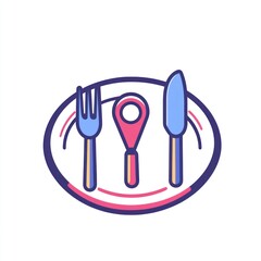 Fototapeta premium Food, location pin, plate, fork, knife, restaurant, dining, menu, app icon, guide